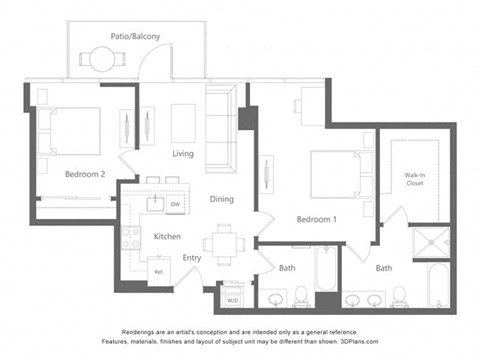 Floor plan for 2 beds, 2 baths, 1041 sqft